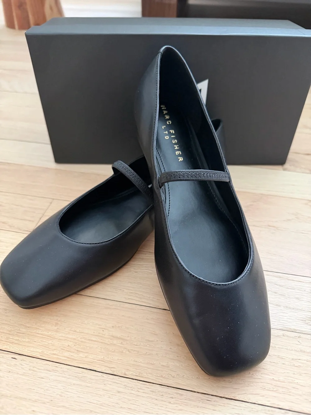 Marc Fisher Black Leather Square-Toe Mary Jane Flats with Elastic Strap